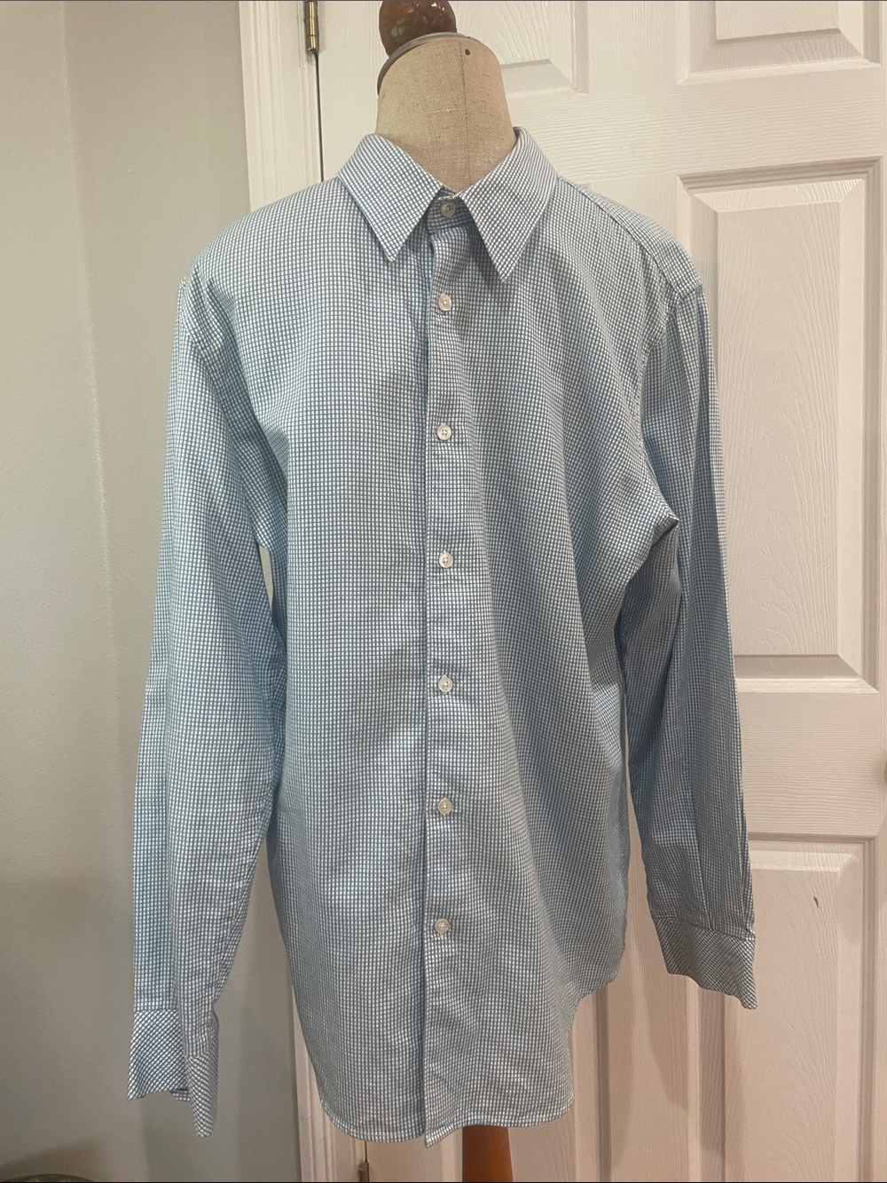 Structure Check button down 100% cotton Dress Shirt blue white mens size L 41 43